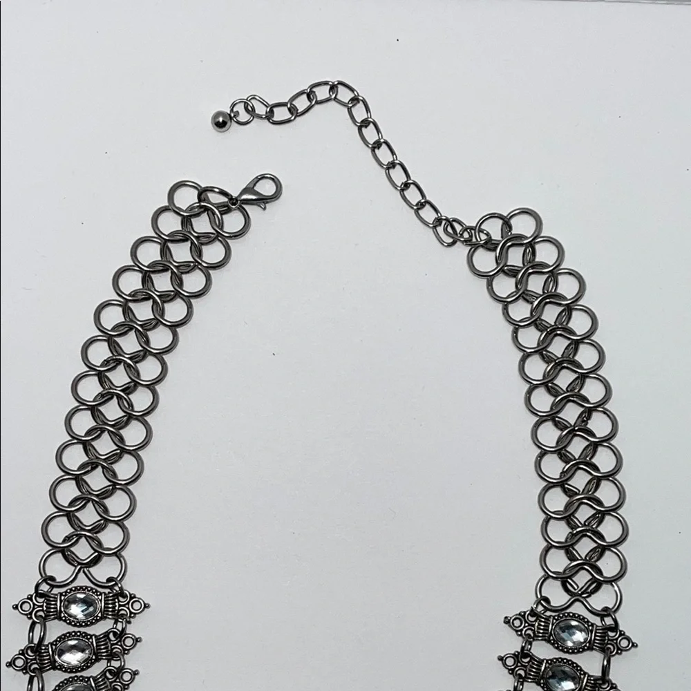 Silver Tone Statement Necklace with rhinestones and dangling beads - Picture 5 of 11
